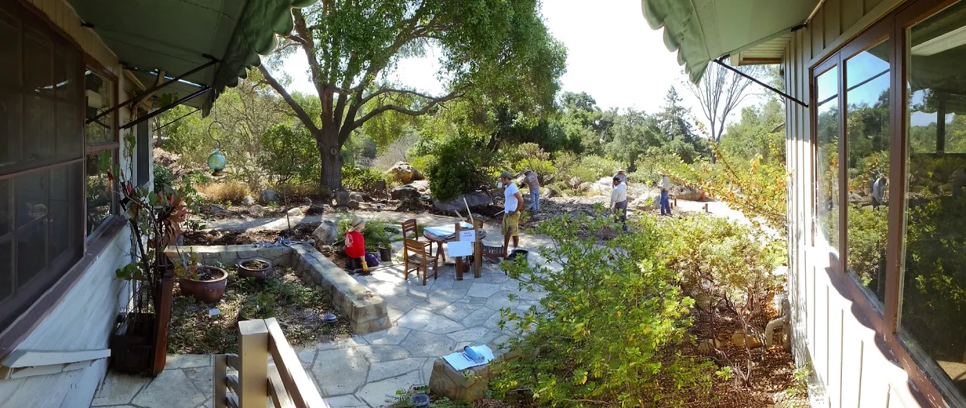 Home Demonstration Garden Renovation, view 17, panorama from south entrance of Cottage, first day of demolition work
