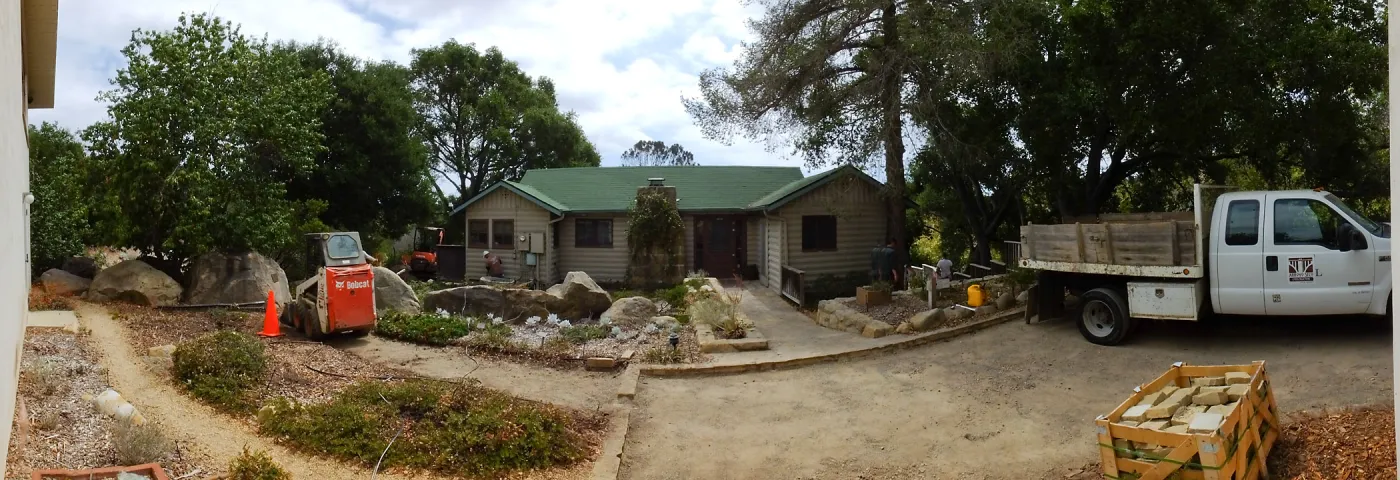 Home Demonstration Garden Renovation, view 1, panorama of north side of Cottage