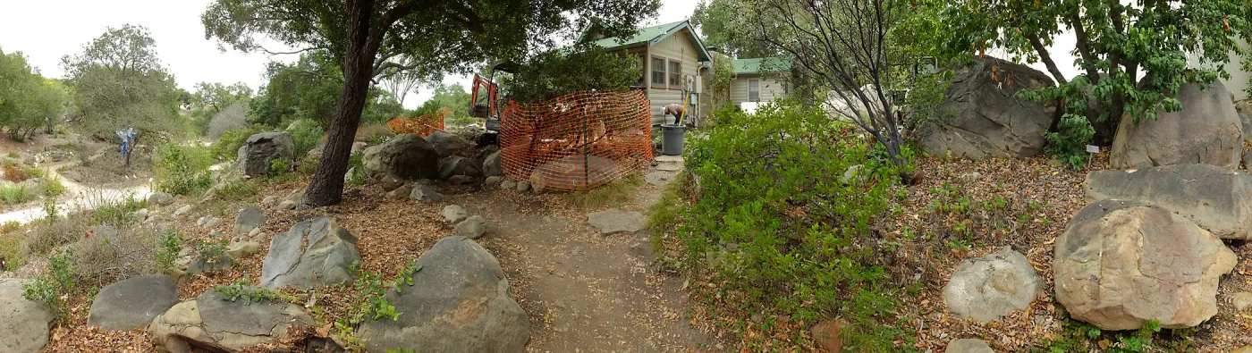 Home Demonstration Garden Renovation, view 5, panorama of northeast side of Cottage