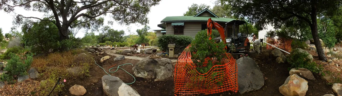 Home Demonstration Garden Renovation, view 9, panorama of east side of Cottage