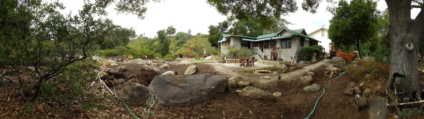 Home Demonstration Garden Renovation, view 12, panorama from southeast of Cottage