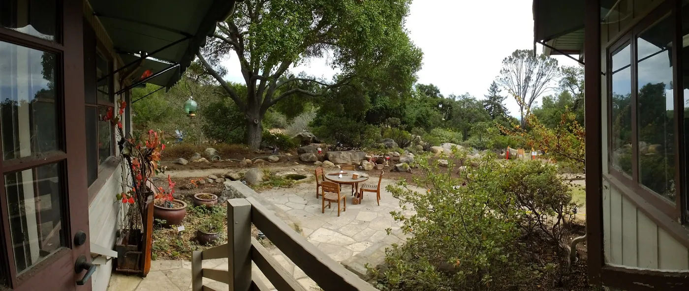 Home Demonstration Garden Renovation, view 17, panorama from south entrance of Cottage