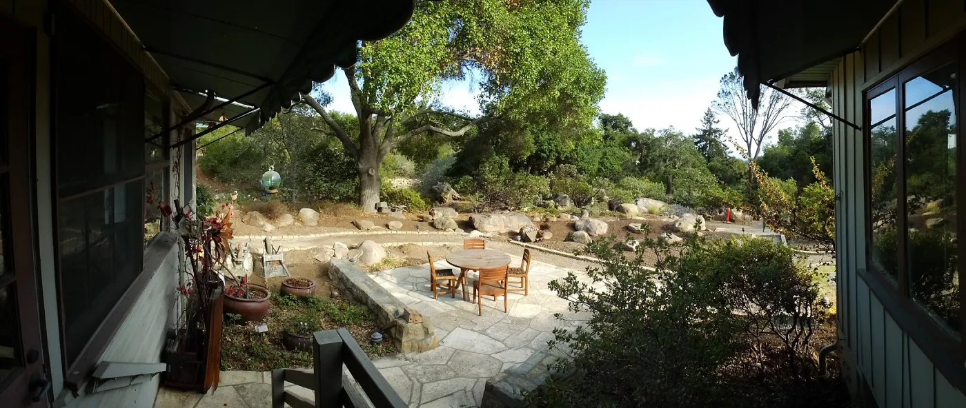 Home Demonstration Garden Renovation, view 17, panorama from south entrance of Cottage
