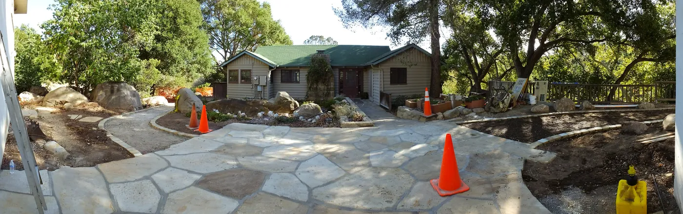 Home Demonstration Garden Renovation, view 1, panorama of north side of Cottage