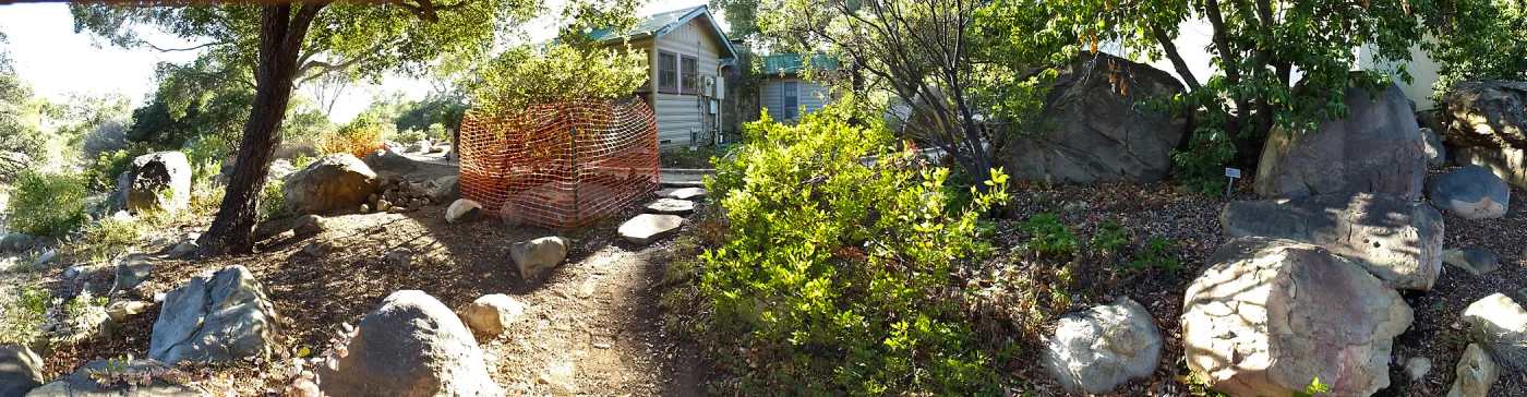 Home Demonstration Garden Renovation, view 5, panorama of northeast side of Cottage