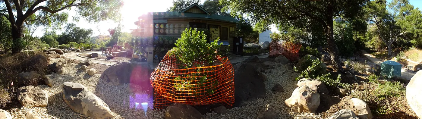 Home Demonstration Garden Renovation, view 9, panorama of east side of Cottage