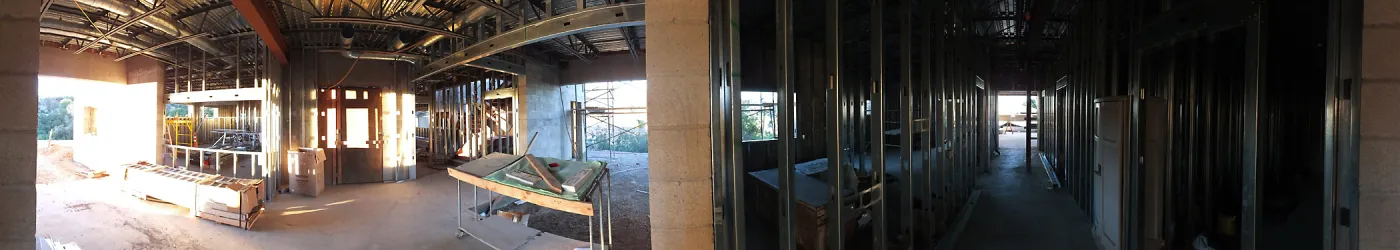 Pritzlaff Conservation Center Construction, panorama at interior entrance to Exhibit Room