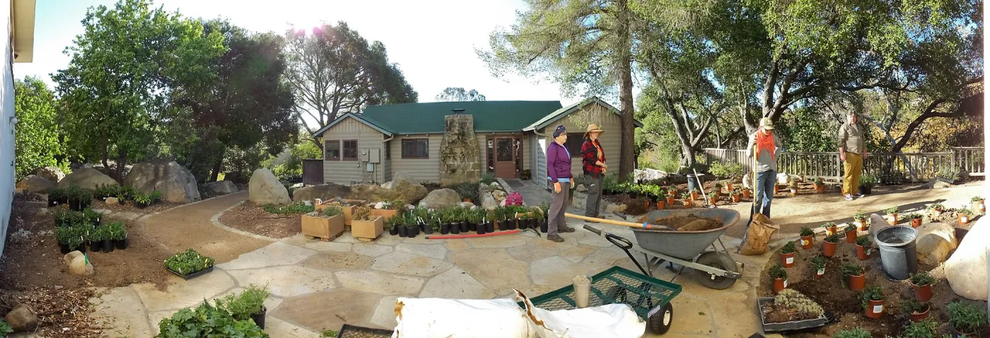 Home Demonstration Garden Renovation, view 1, panorama of north side of Cottage, first day of replanting work