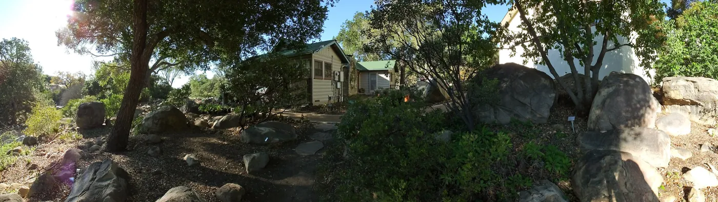Home Demonstration Garden Renovation, view 5, panorama of northeast side of Cottage, first day of replanting work