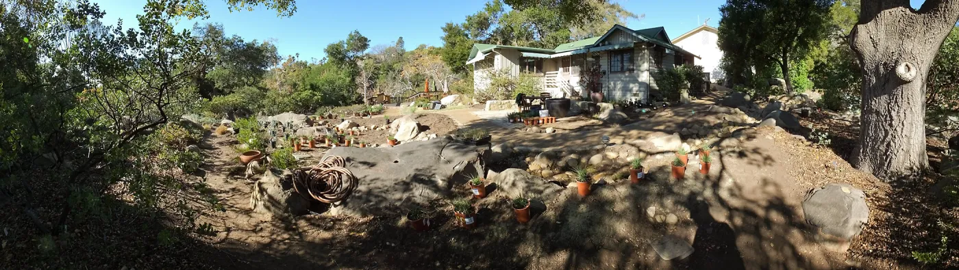 Home Demonstration Garden Renovation, view 12, panorama from southeast of Cottage, first day of replanting work
