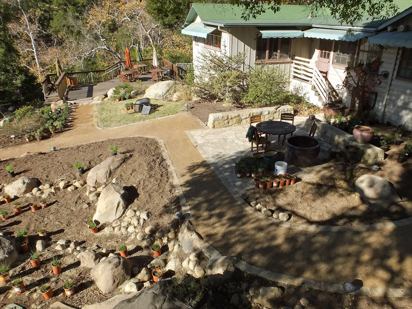 Home Demonstration Garden Renovation, view 16, looking towards southeast corner of Cottage, first day of replanting work