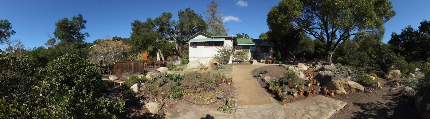Home Demonstration Garden Renovation, view 21, panorama of south side of Cottage, first day of replanting work