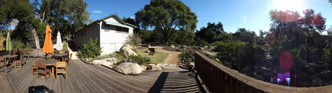 Home Demonstration Garden Renovation, view 26, panorama from deck, first day of replanting work