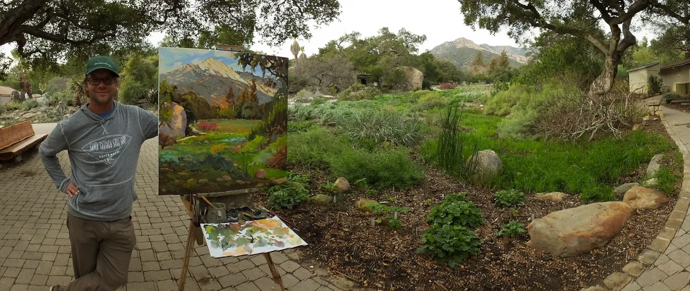 Plein Air artist Chris Potter with painting of Meadow