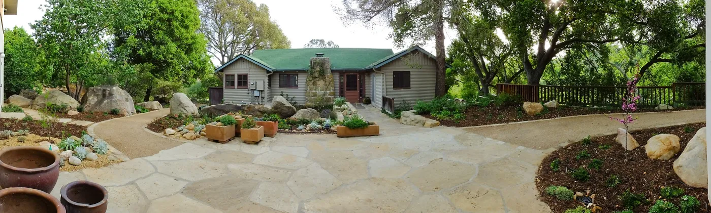Home Demonstration Garden Renovation, view 1, panorama of north side of Cottage