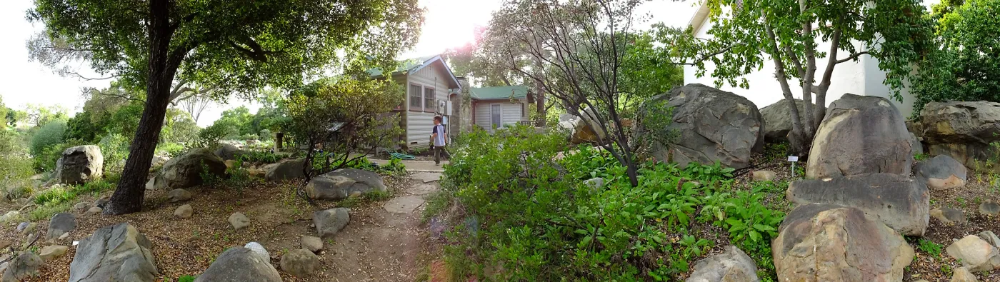 Home Demonstration Garden Renovation, view 5, panorama of northeast side of Cottage