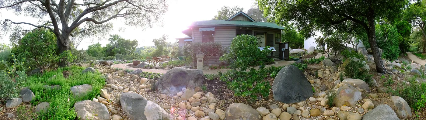 Home Demonstration Garden Renovation, view 9, panorama of east side of Cottage