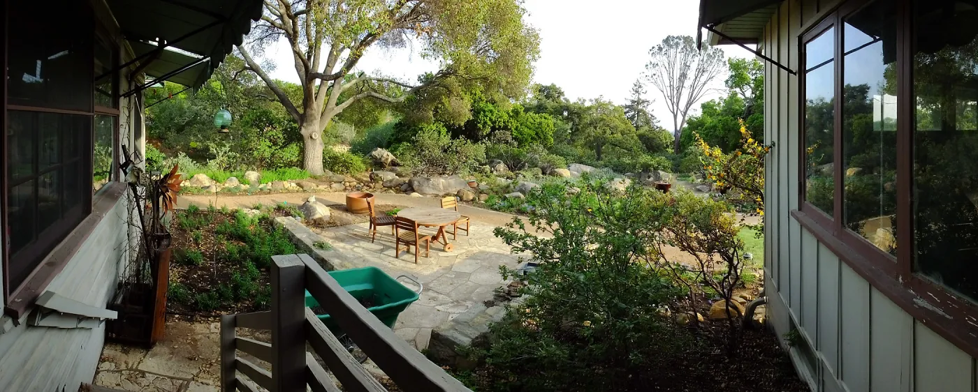 Home Demonstration Garden Renovation, view 17, panorama from south entrance of Cottage
