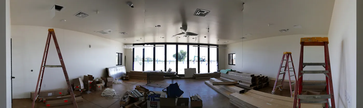 Pritzlaff Conservation Center Construction, panorama at interior entrance to Exhibit Room