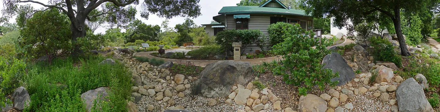 Home Demonstration Garden Renovation, view 9, panorama of east side of Cottage