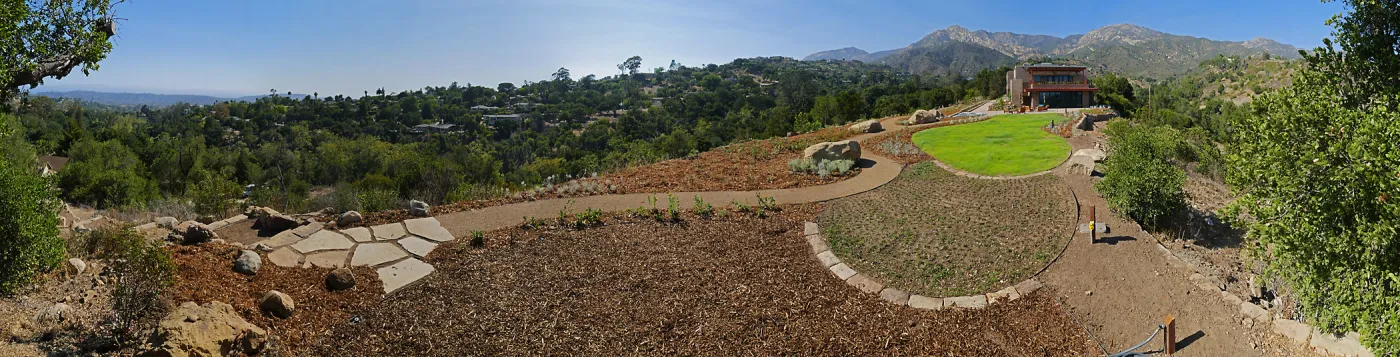 Island View Garden Installation, panorama from boulder near south steps
