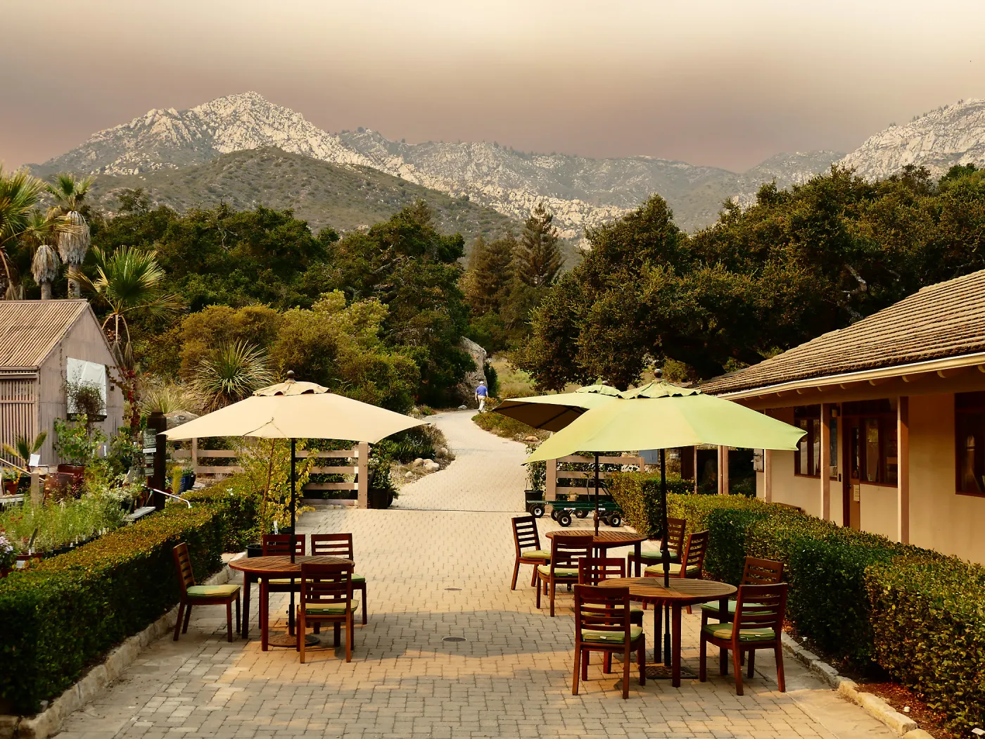 Courtyard in smoke-filtered light from Rey Fire