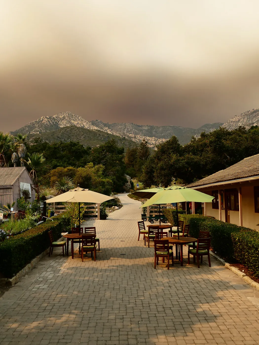 Courtyard in smoke-filtered light from Rey Fire