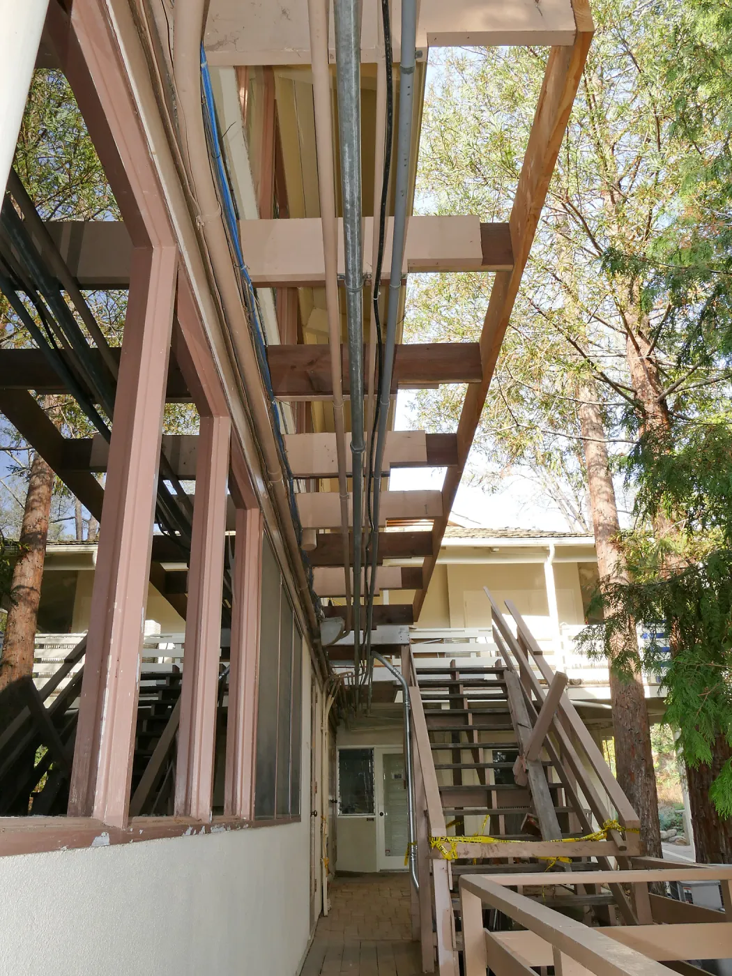 Library structural repair work, east side deck and stairs