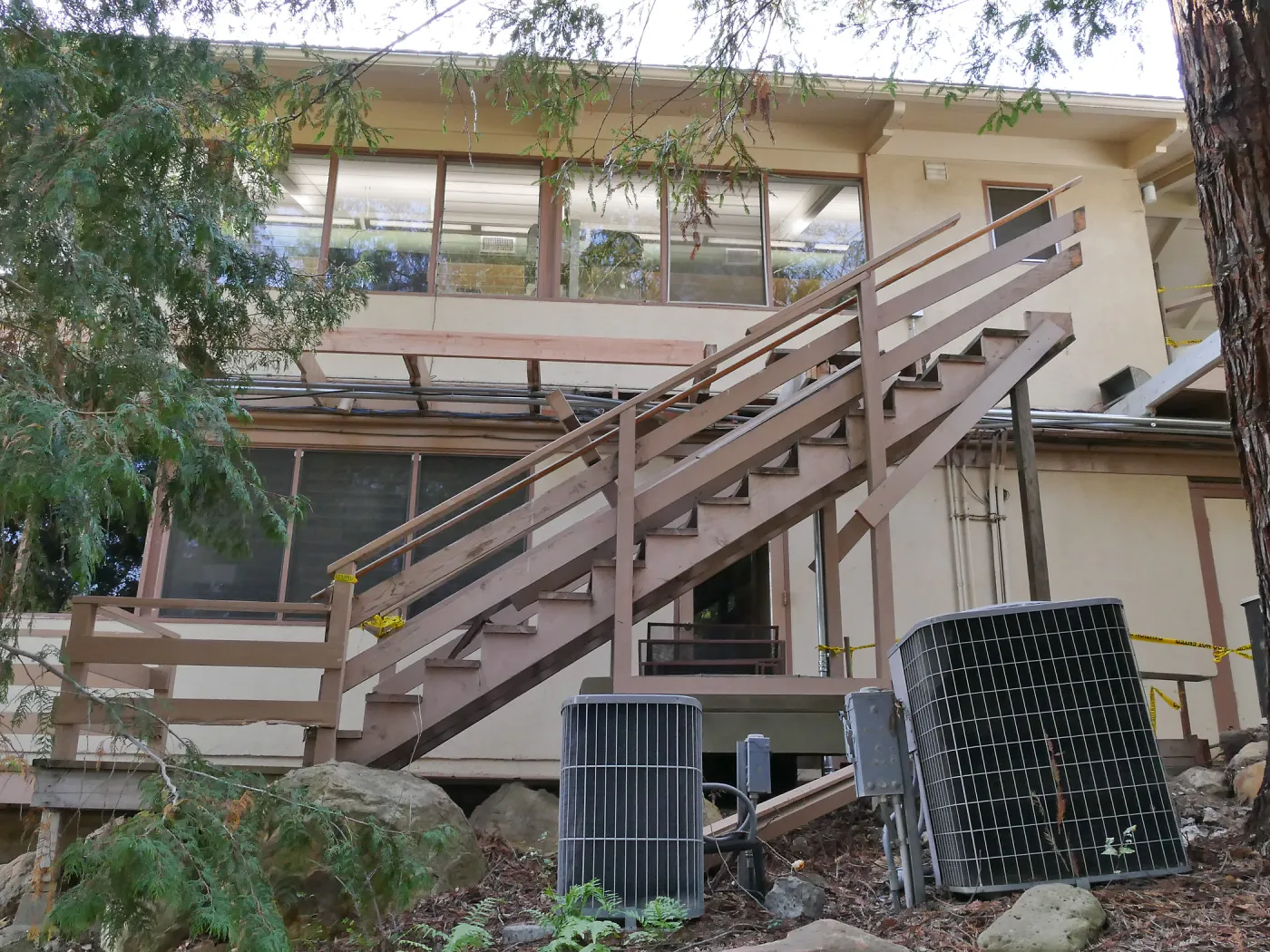 Library structural repair work, east side deck and stairs