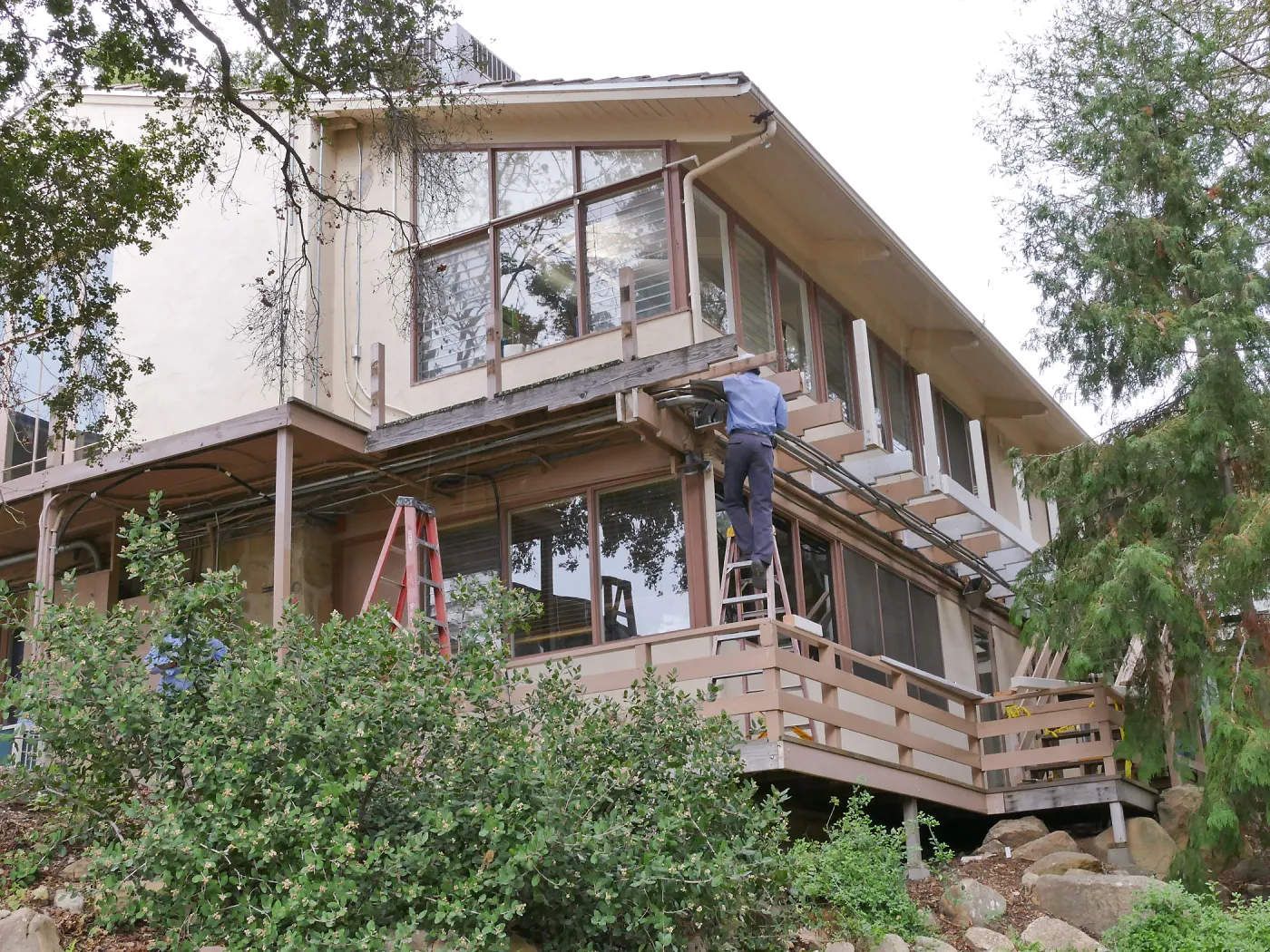 Library structural repair work, east side decking