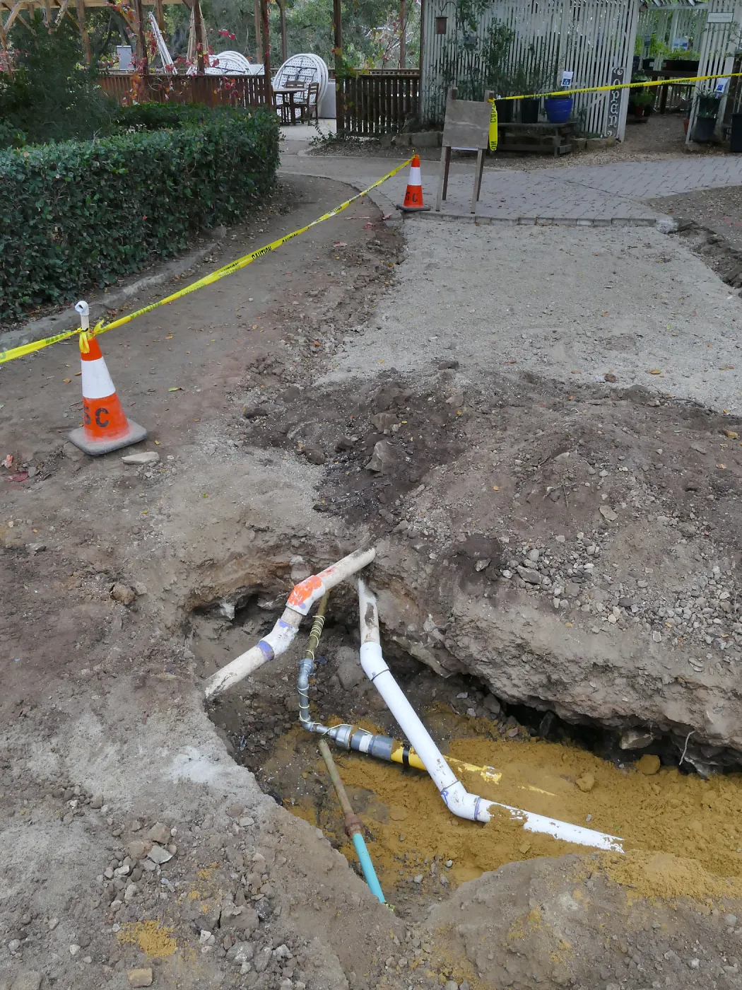 Courtyard renovation, rerouting piping, southwest corner looking west