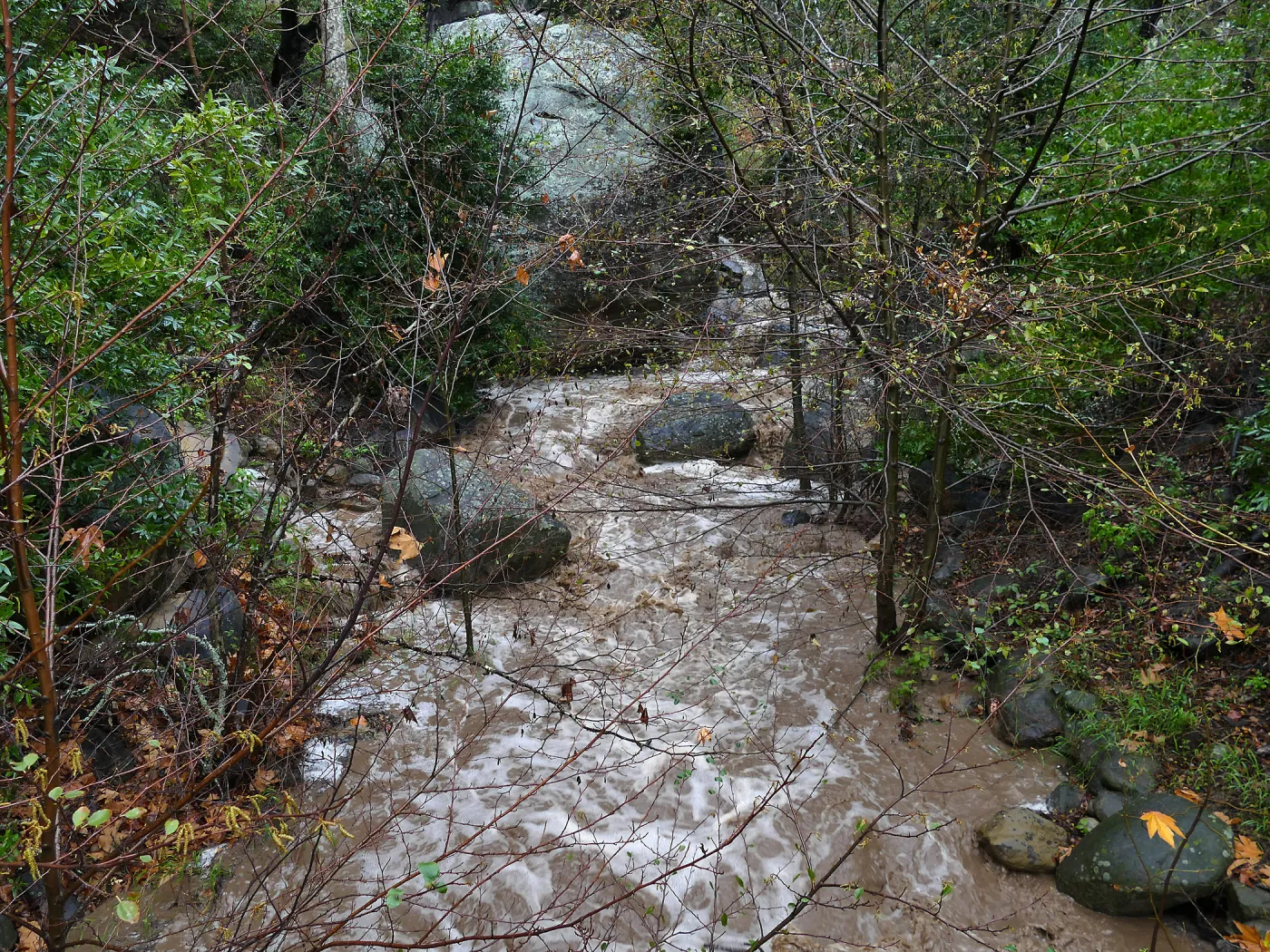 Mission Creek and Lassiter Boulder during rainstorm