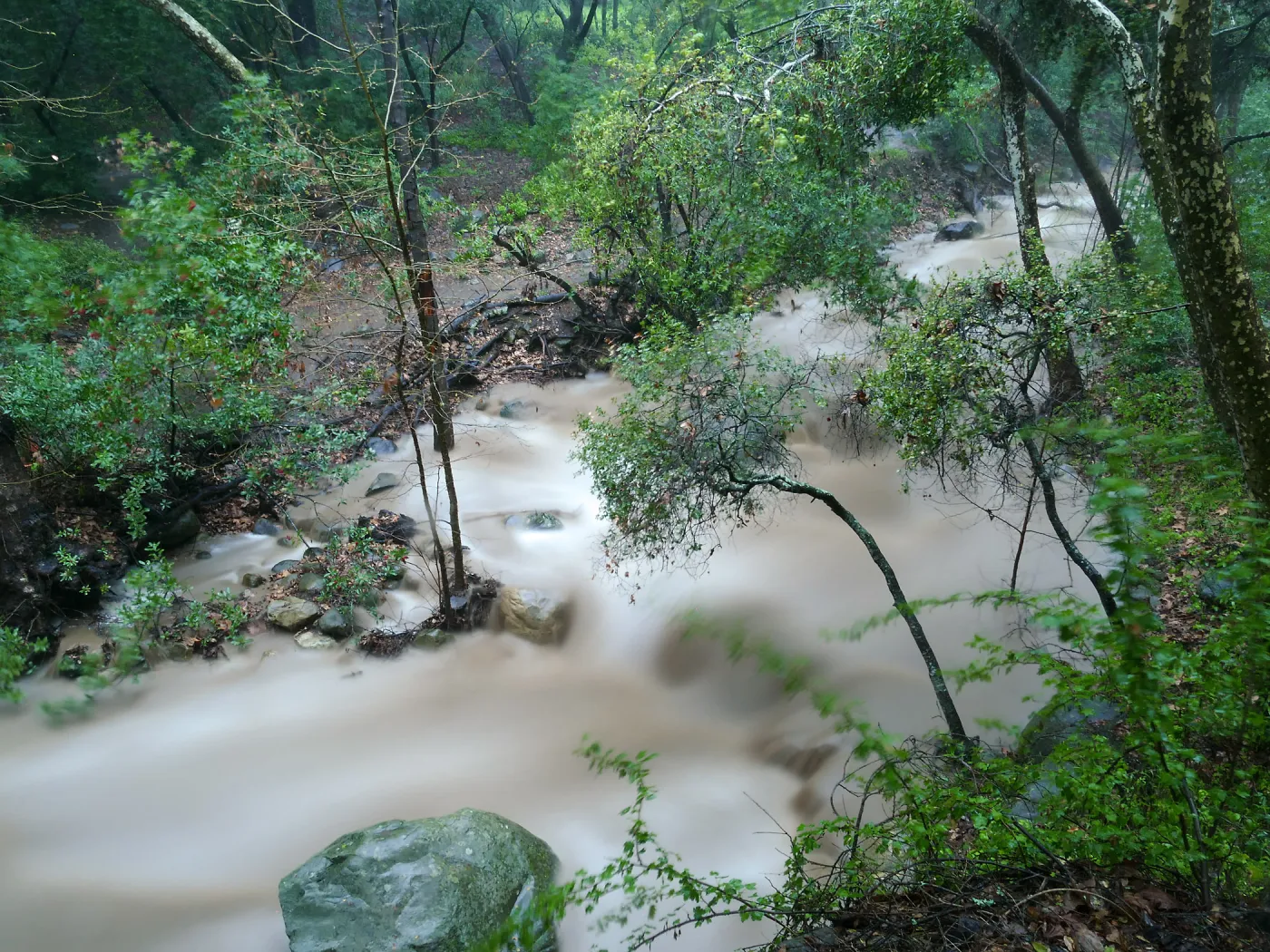 Mission Creek above lower crossing during rainstorm