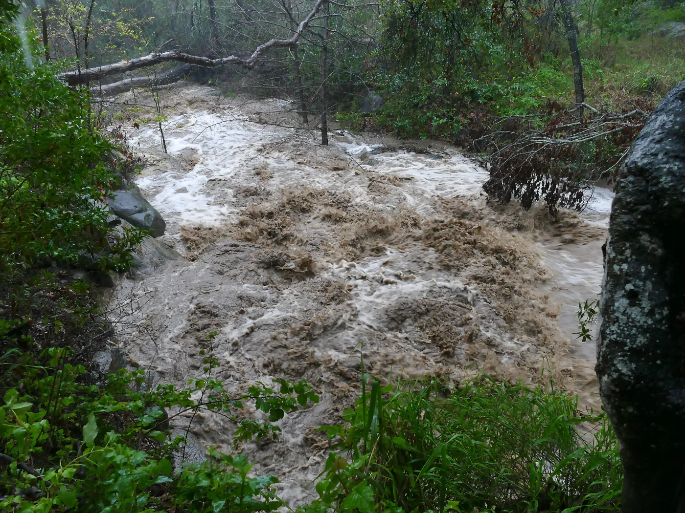 Mission Creek just below lower crossing during rainstorm