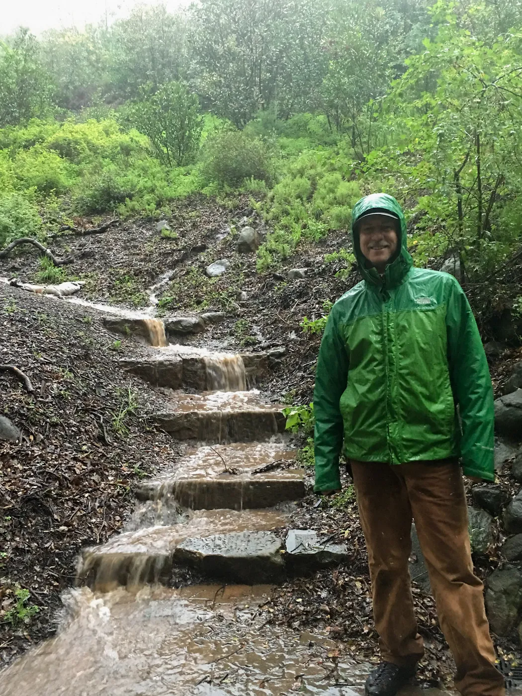 Water flowing down Woodland Trail steps during rainstorm