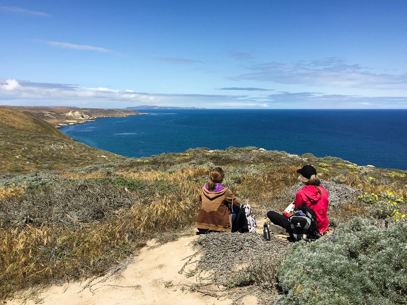 Santa Rosa Island Trip, Looking out towards mainland, Kate Davis and Nancy Deacon-Davis, hiking to Carrington Point