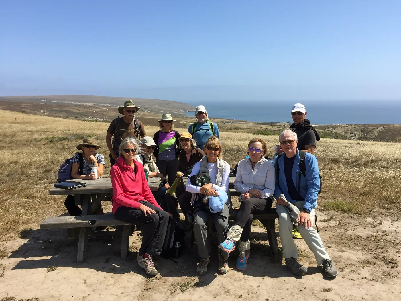 Santa Rosa Island Trip, Group (from left to right) Back: Diana Blanchard, Steve Junak, Aim Morhardt, Lora Clark, Sia Morhardt, Philip Clark, Richard Ward. Front: Nancy Deacon-Davis, Paulette Posch, Linda Ward, Arthur Posch