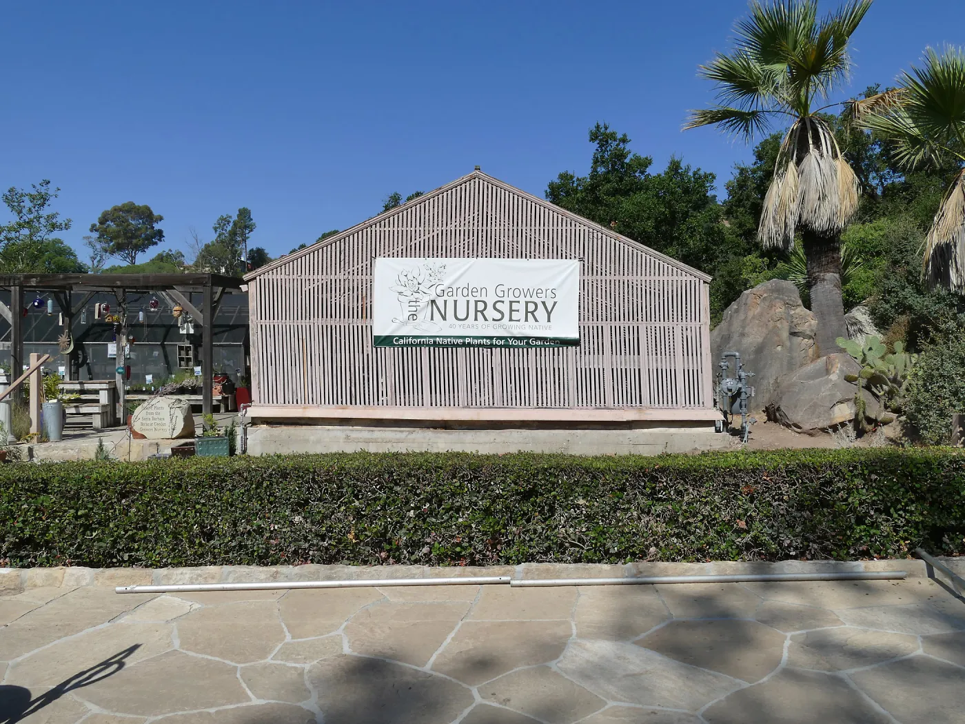 Garden Growers Lath House before start of repairs, looking west from Courtyard