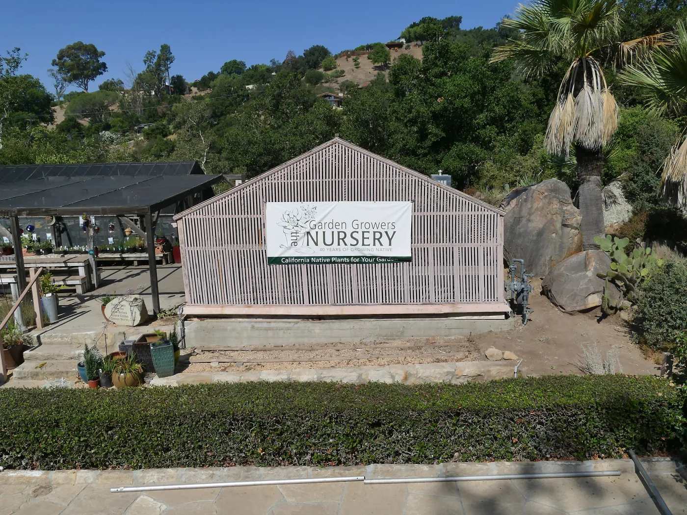 Garden Growers Lath House before start of repairs, looking west from Courtyard