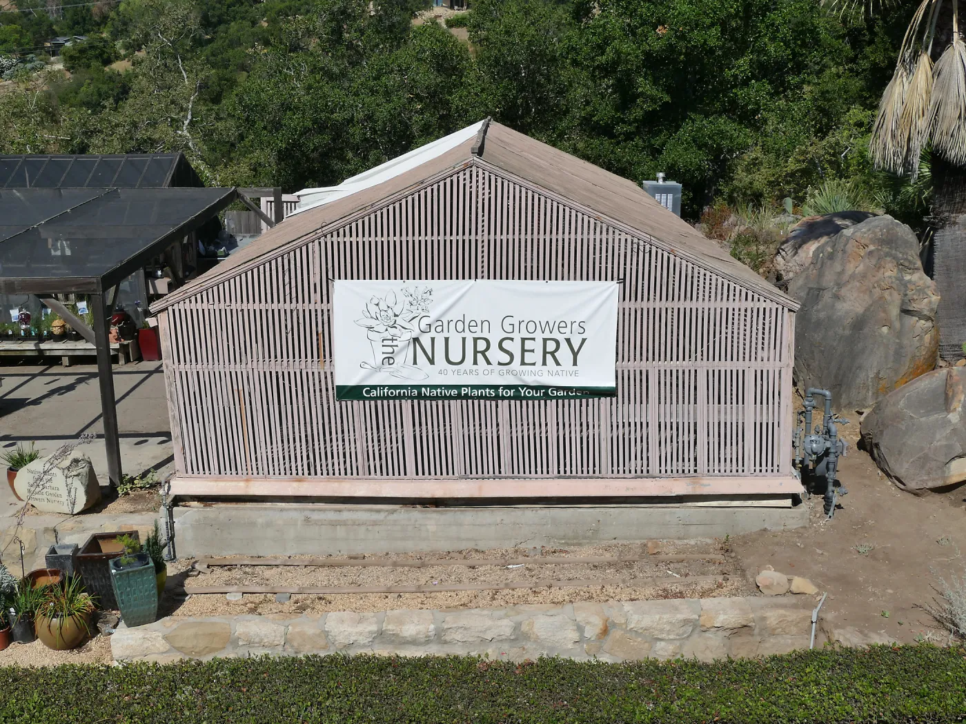 Garden Growers Lath House before start of repairs, looking west from Courtyard