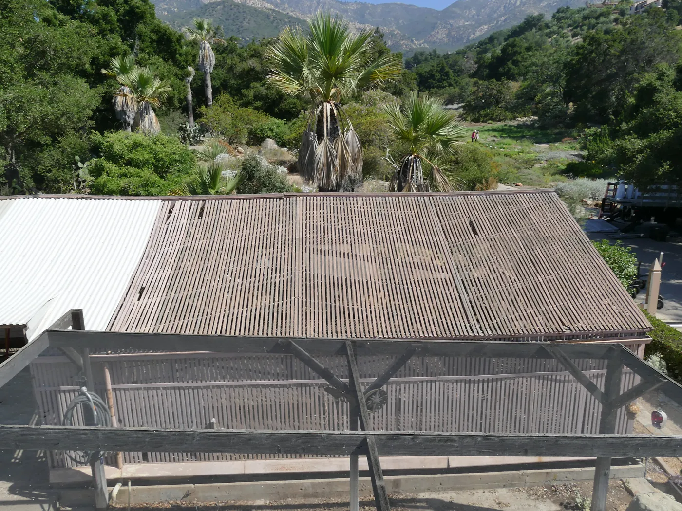 Garden Growers Lath House before start of repairs, southeast portion of roof
