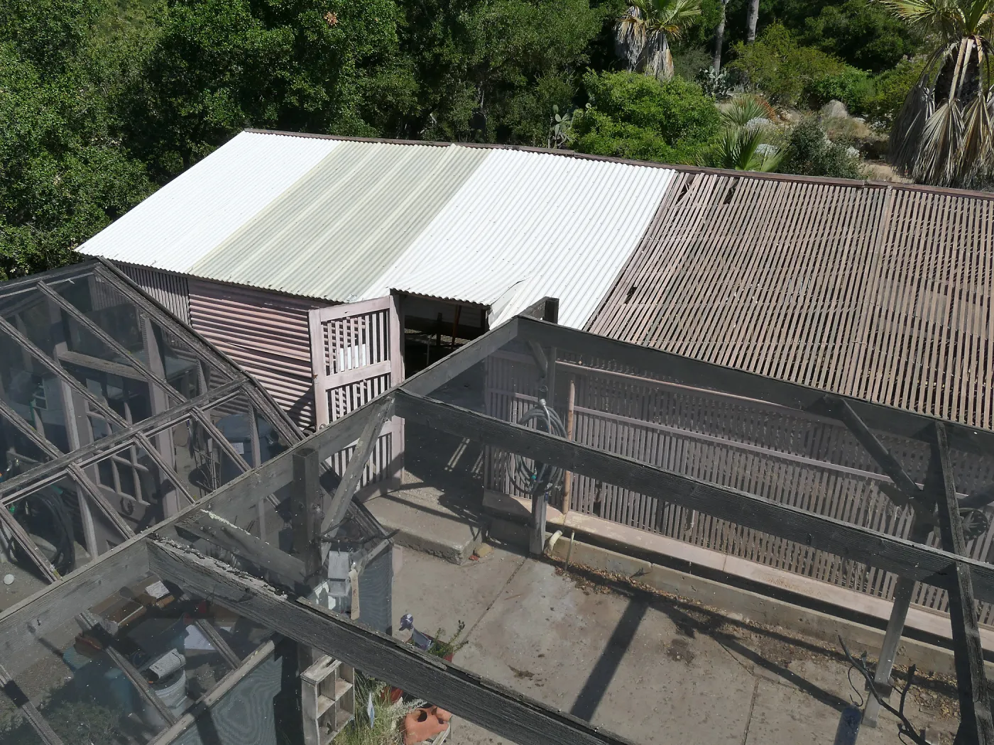 Garden Growers Lath House before start of repairs, southwest portion of roof