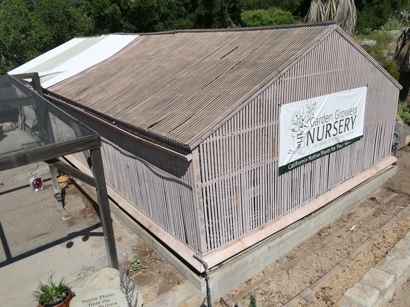 Garden Growers Lath House before start of repairs, looking northwest