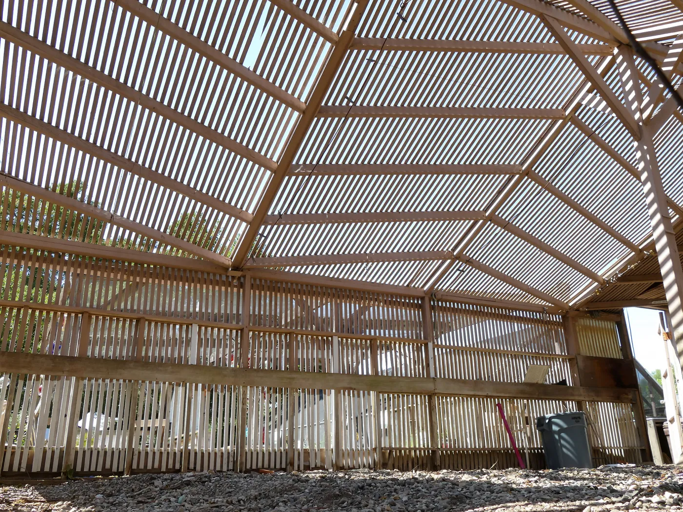 Garden Growers Lath House before start of repairs. Interior south wall and roof.