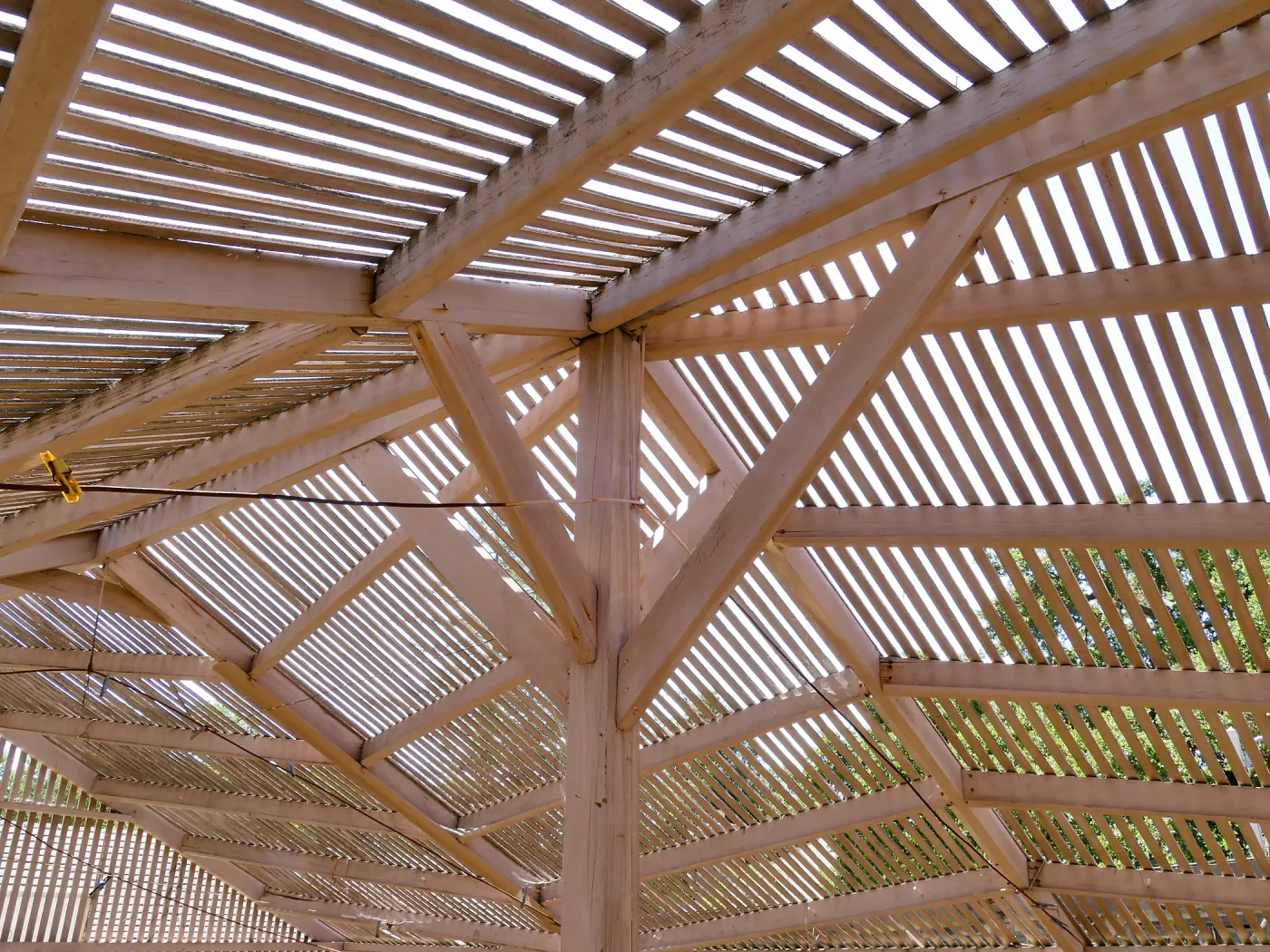 Garden Growers Lath House before start of repairs. Interior roof support detail.