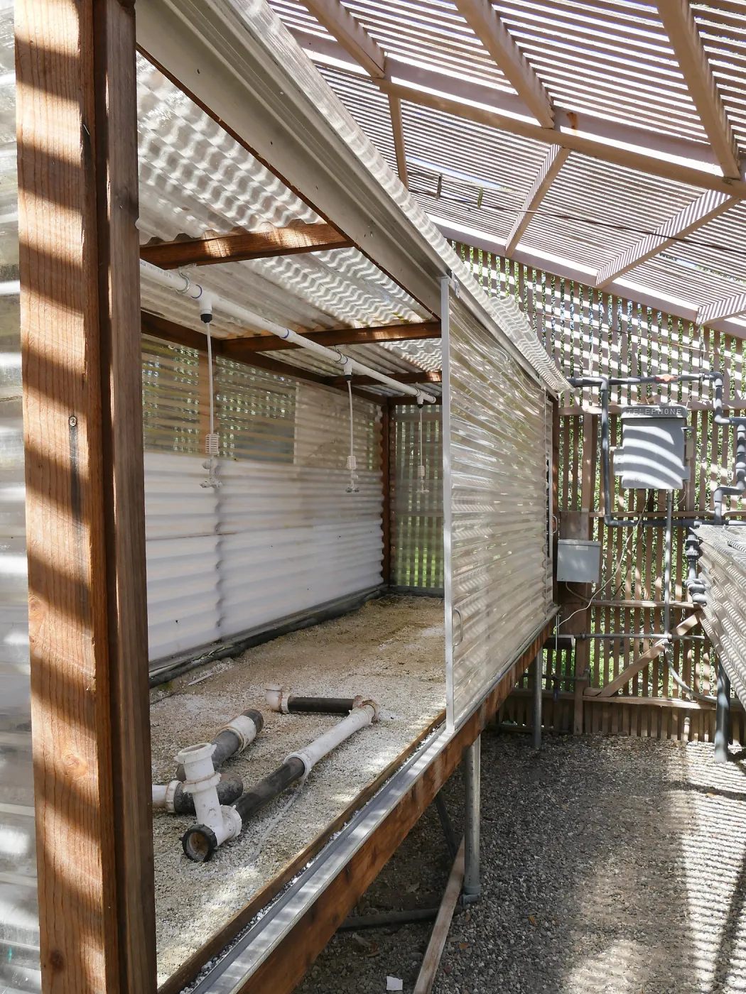 Garden Growers Lath House before start of repairs. Heated mist bed in northwest corner.