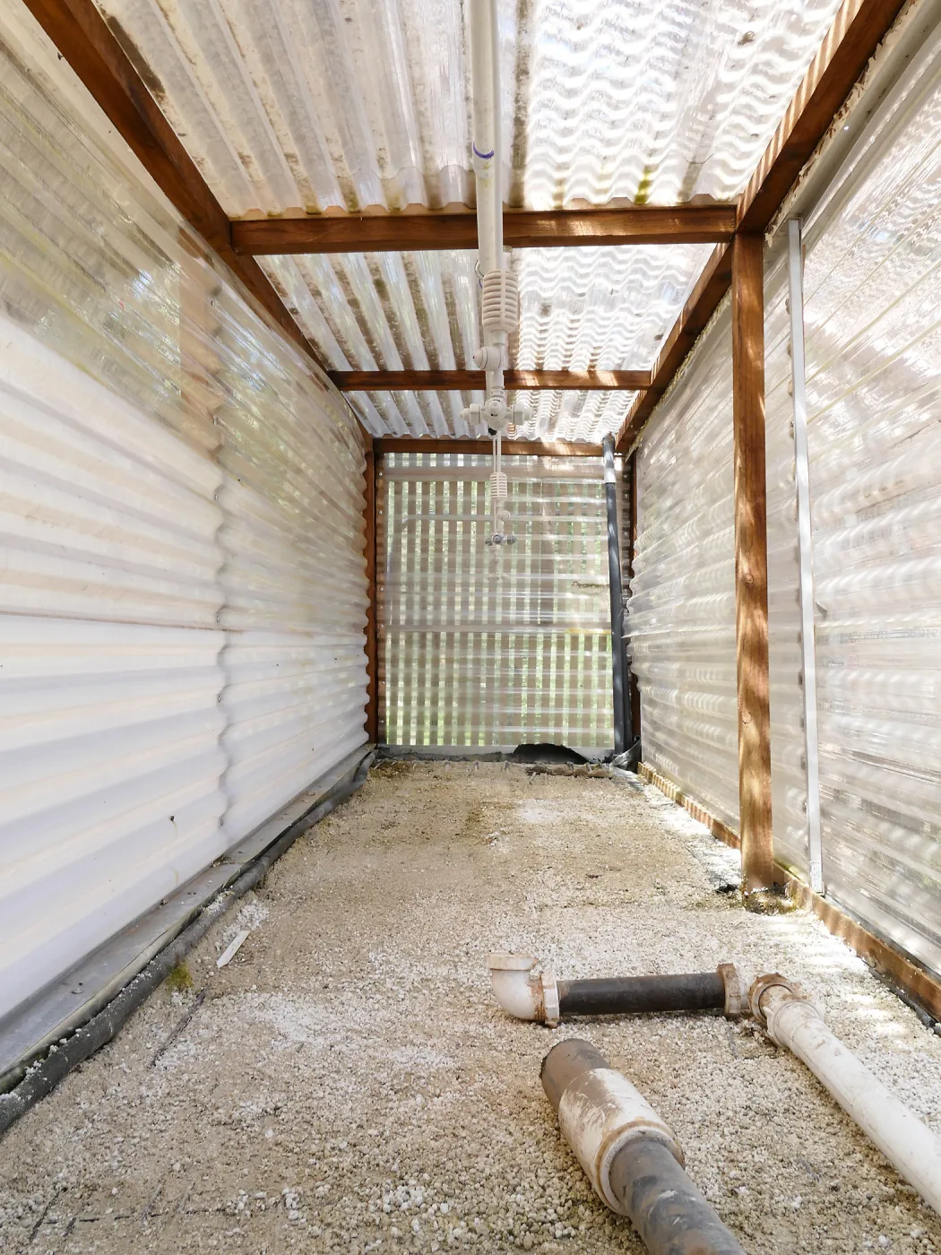 Garden Growers Lath House before start of repairs. Interior of heated mist bed in northwest corner.