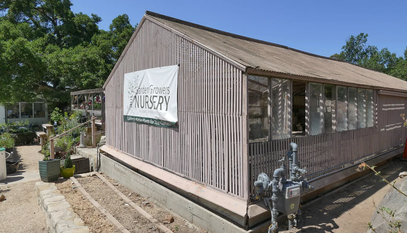 Garden Growers Lath House before start of repairs. Exterior looking southwest.