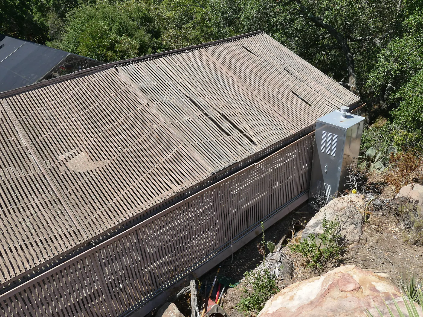 Garden Growers Lath House before start of repairs. Northwest side of roof.