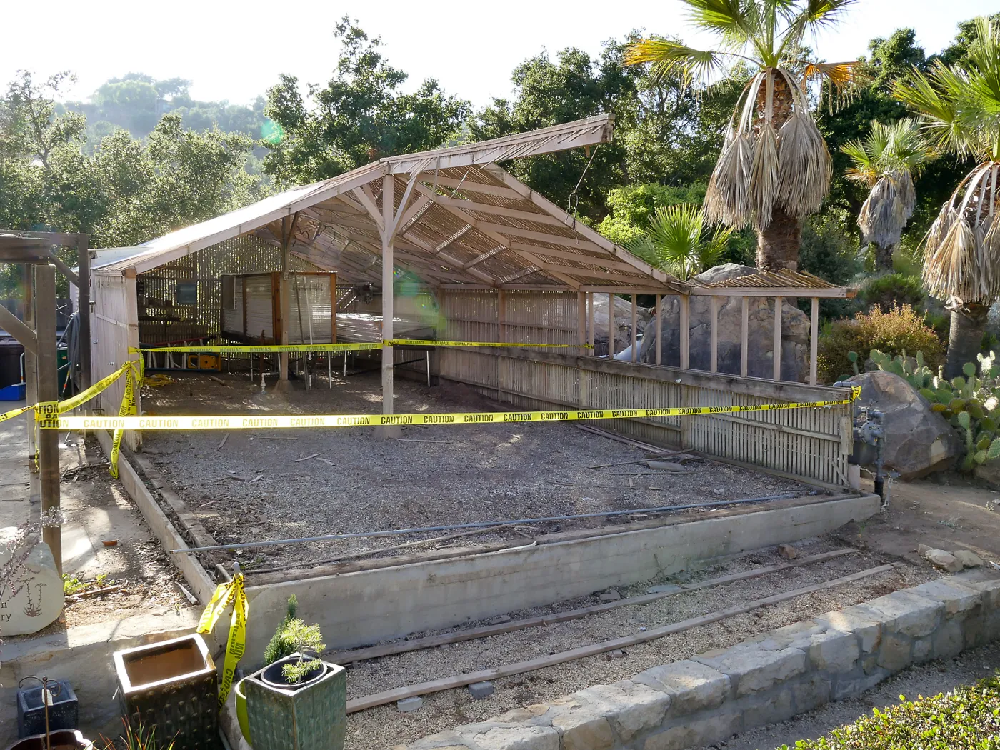 Garden Growers Lath House during repairs. looking northwest from Courtyard